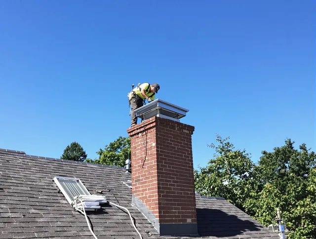 Pembroke Chimney Sweep technician measuring a chimney cap in Pembroke, MA