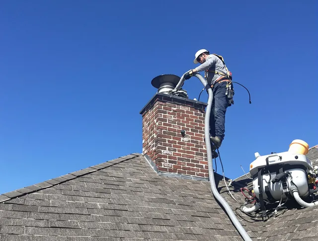 Dedicated Pembroke Chimney Sweep team member cleaning a chimney in Pembroke, MA