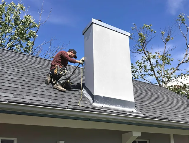 Pembroke Chimney Sweep team member finishing chimney construction in Pembroke, MA