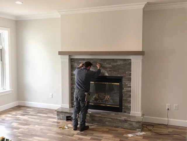 Pembroke Chimney Sweep finishing a custom fireplace install in Pembroke, MA